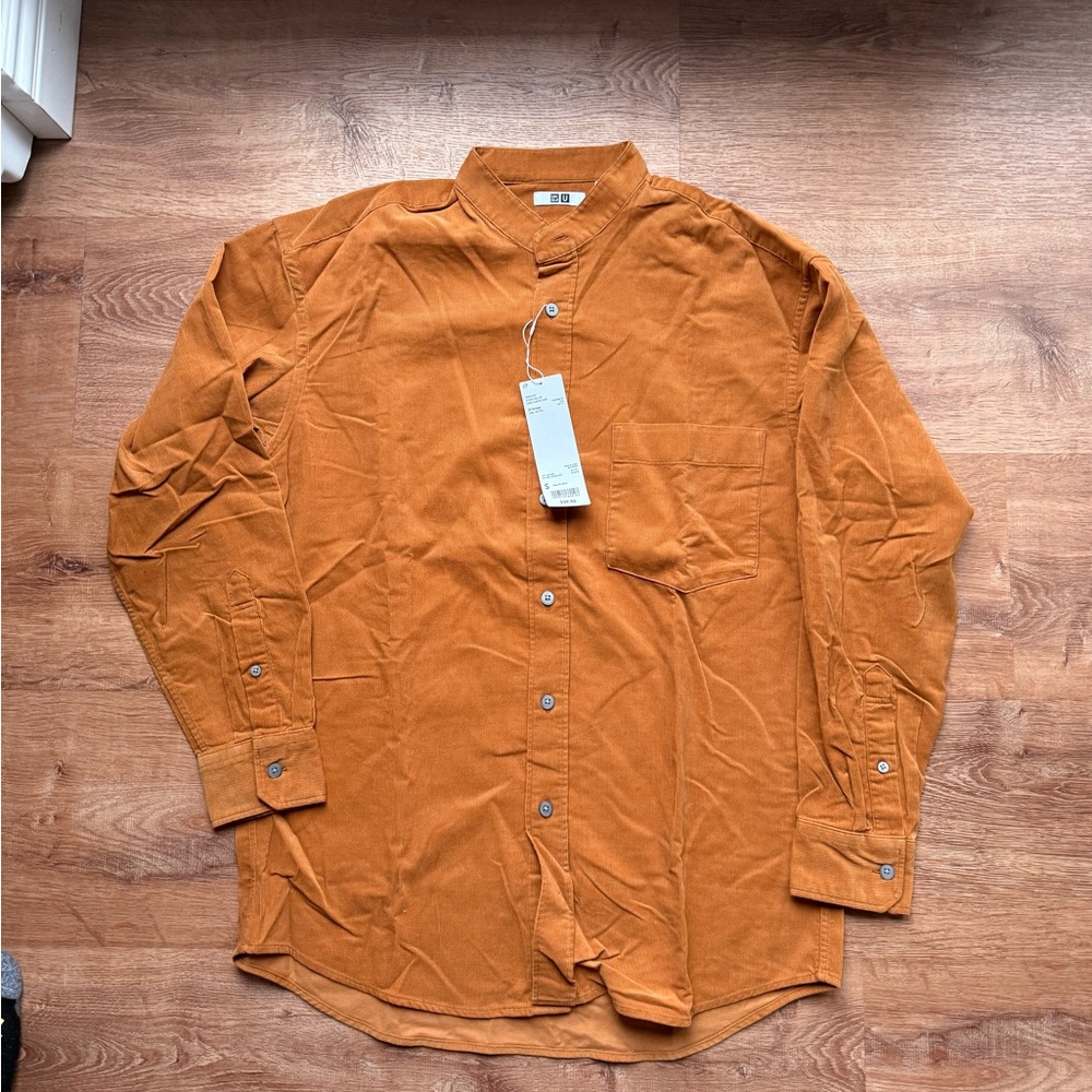 Uniqlo Men's Stand-Collar Button-Down Shirt in Rust Orange